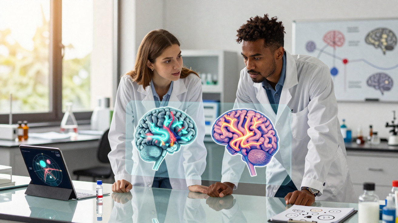 Dois cientistas analisando imagens holográficas de cérebros em laboratório com equipamentos médicos.