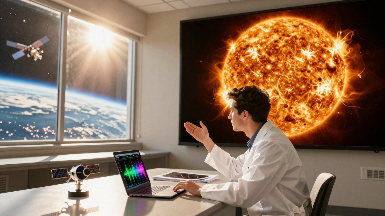Cientista em laboratório analisando imagens do sol e da Terra vista pela janela espacial.