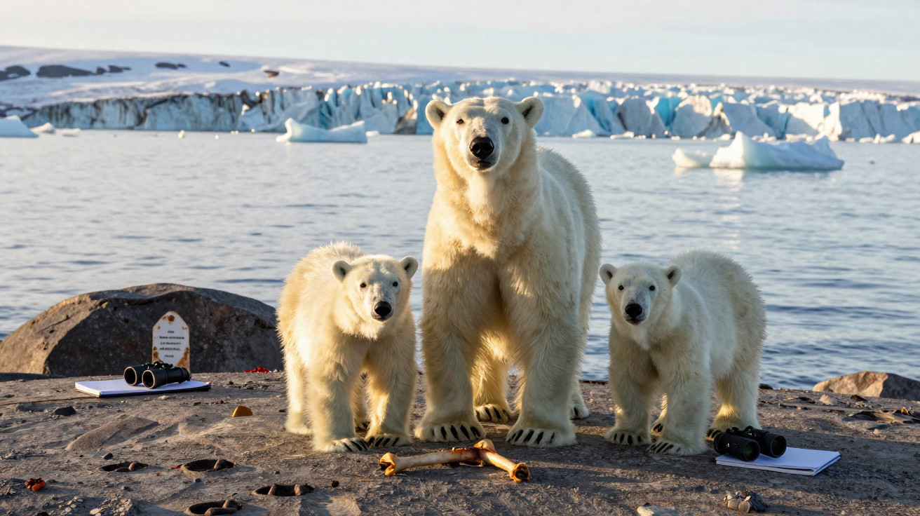 Uma ursa polar com dois filhotes em uma área rochosa perto do mar com geleiras ao fundo.