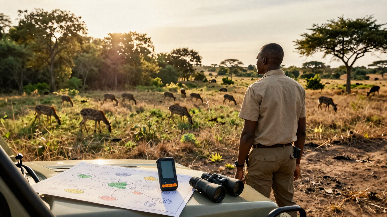 Guia observando grupo de antílopes em savana com mapa, binóculos e GPS sobre veículo ao amanhecer.