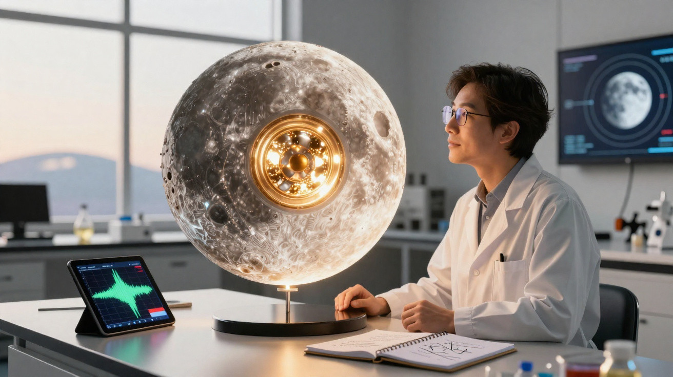 Cientista em laboratório observando modelo iluminado da lua, com tablet e caderno na mesa.