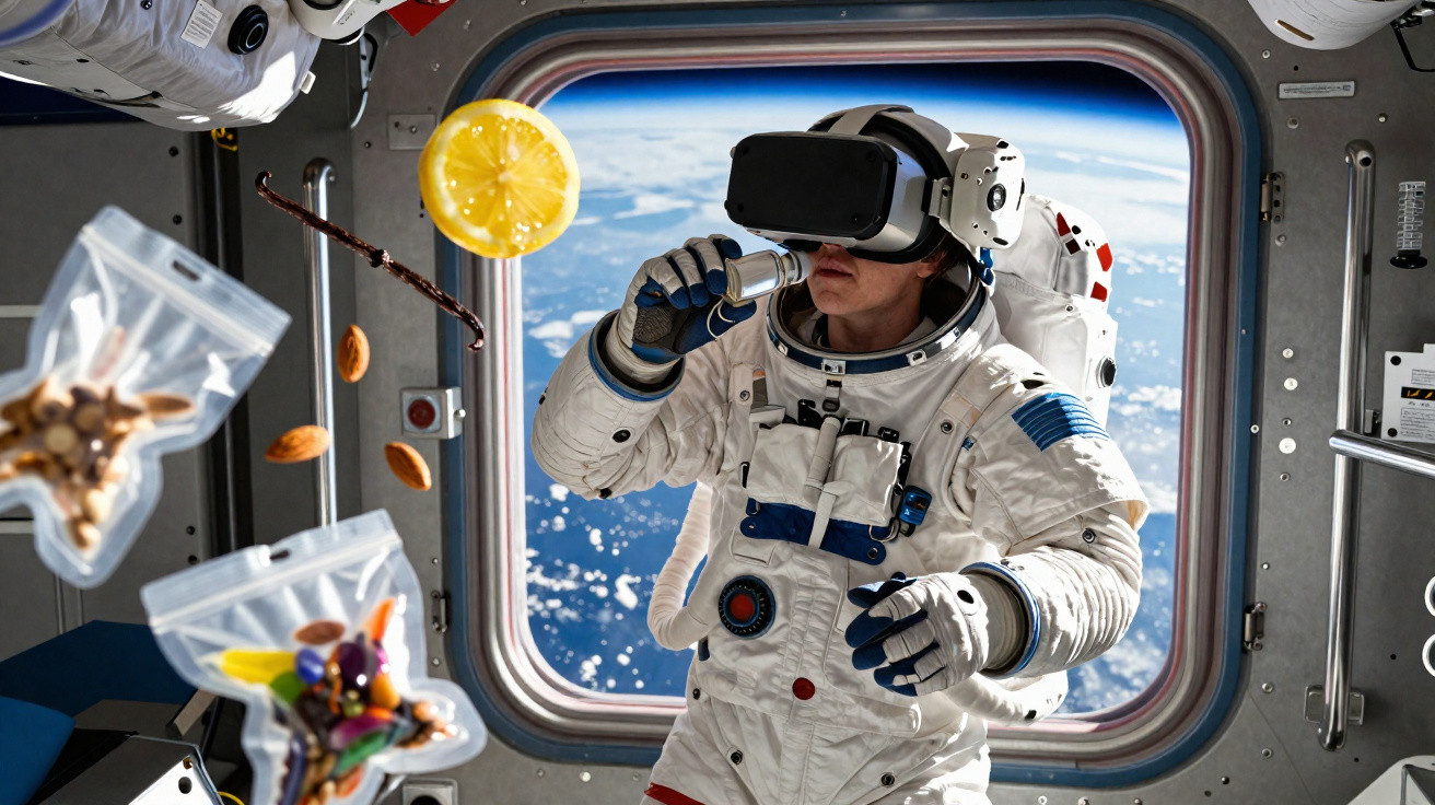 Astronauta usando traje espacial e óculos de realidade virtual dentro da estação espacial com alimentos flutuando.