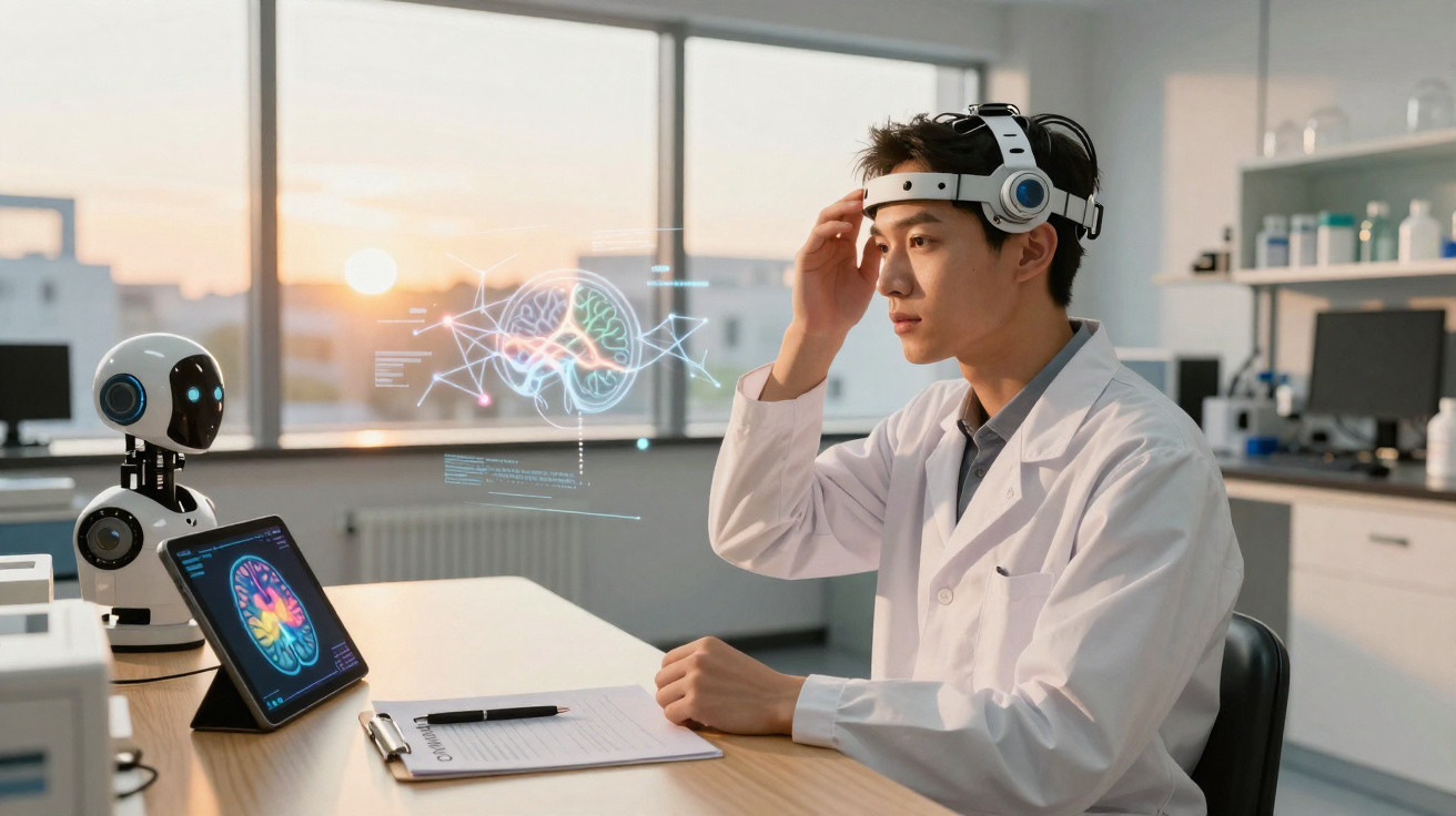 Cientista com equipamento eletrônico na cabeça analisa projeção digital de cérebro em laboratório moderno.