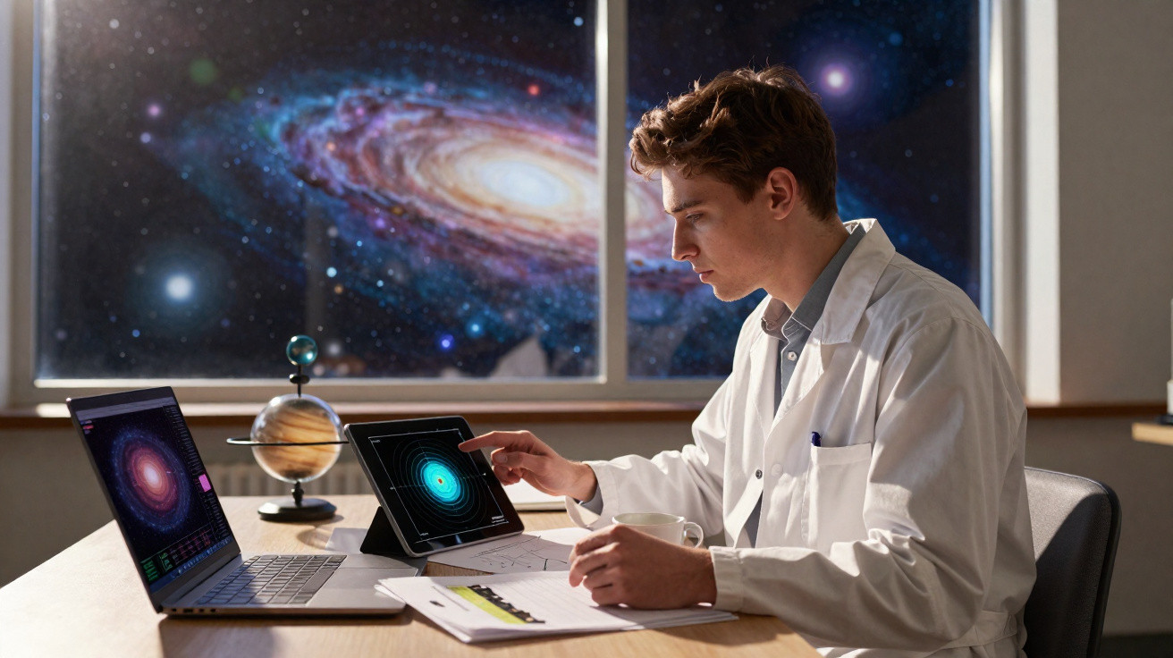 Jovem cientista em jaleco estuda modelo do sistema solar em tablet, com galáxia visível pela janela.