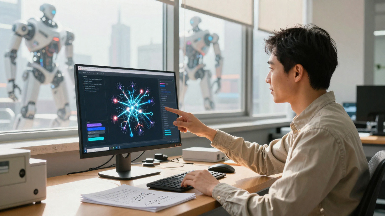 Homem sentado em escritório apontando para tela de computador com gráfico digital, robôs ao fundo.