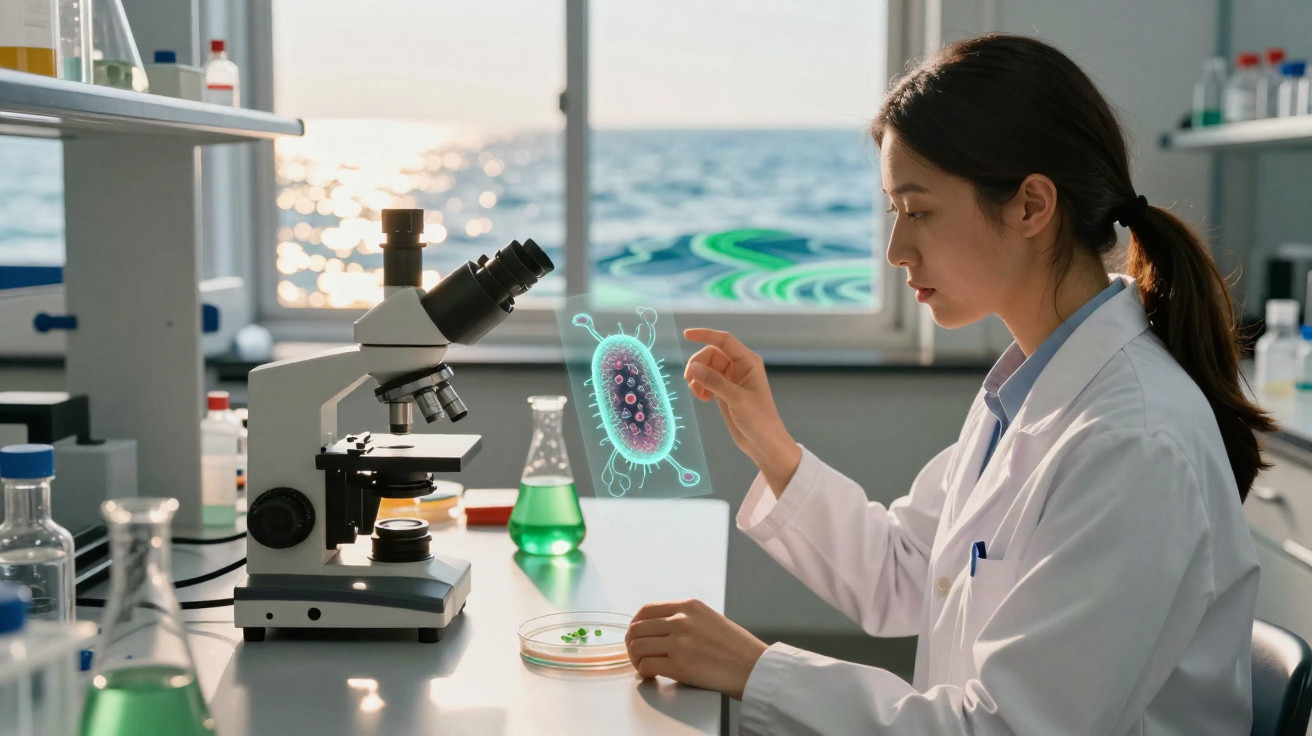Cientista mulher em laboratório analisando bactéria holográfica próxima a microscópio e tubos de ensaio.