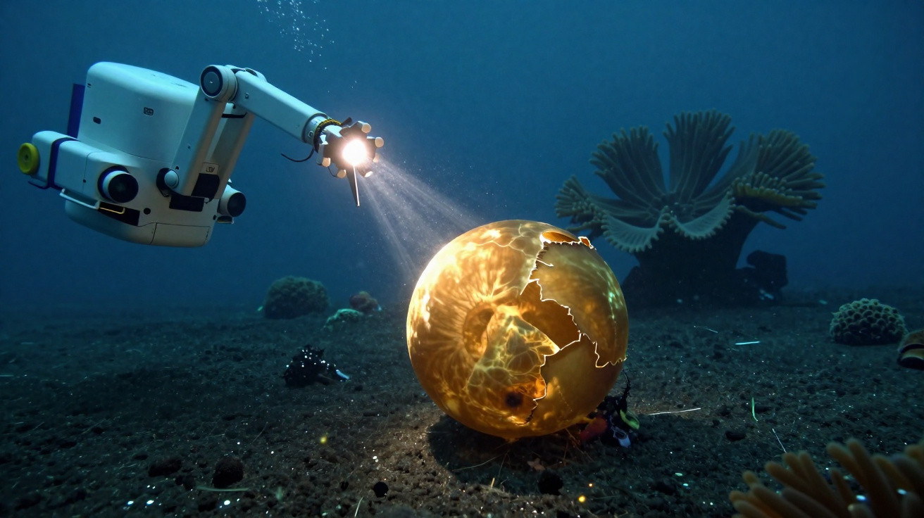 Robô subaquático com braço mecânico iluminando uma esfera dourada quebrada no fundo do mar.