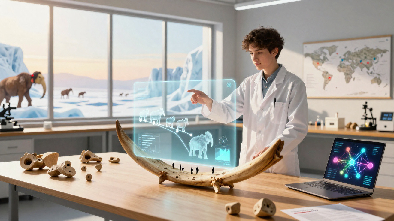 Jovem cientista em laboratório com holograma de mamutes projetado sobre um osso grande.