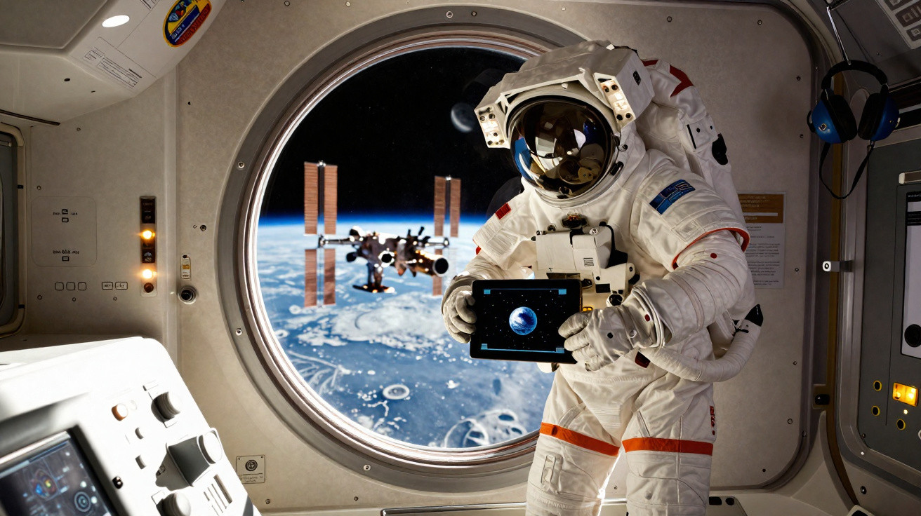 Astronauta dentro da estação espacial segurando tablet com a Terra e a estação visíveis pela janela circular.