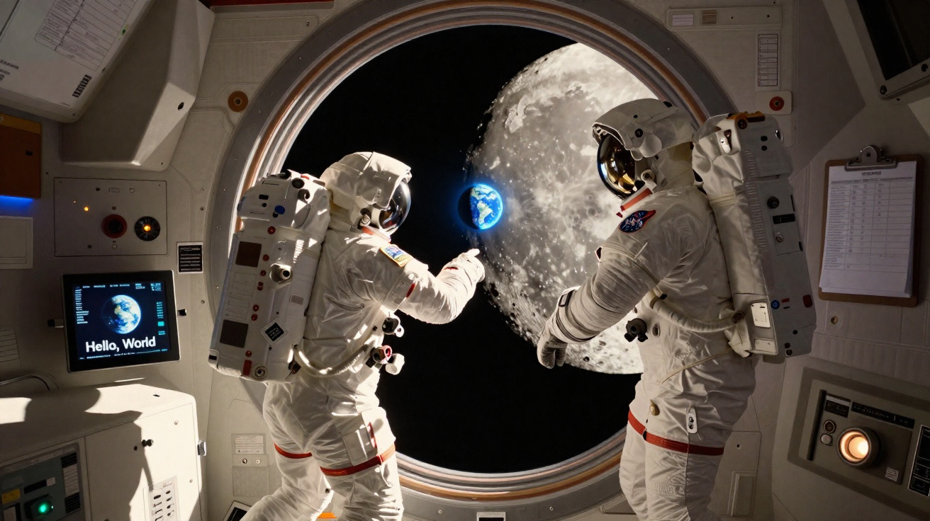 Dois astronautas observam a Terra e a Lua através da janela de uma nave espacial.