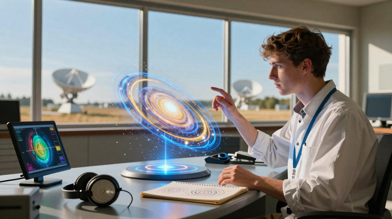 Jovem cientista interage com holograma de galáxia em laboratório com antenas parabólicas ao fundo.