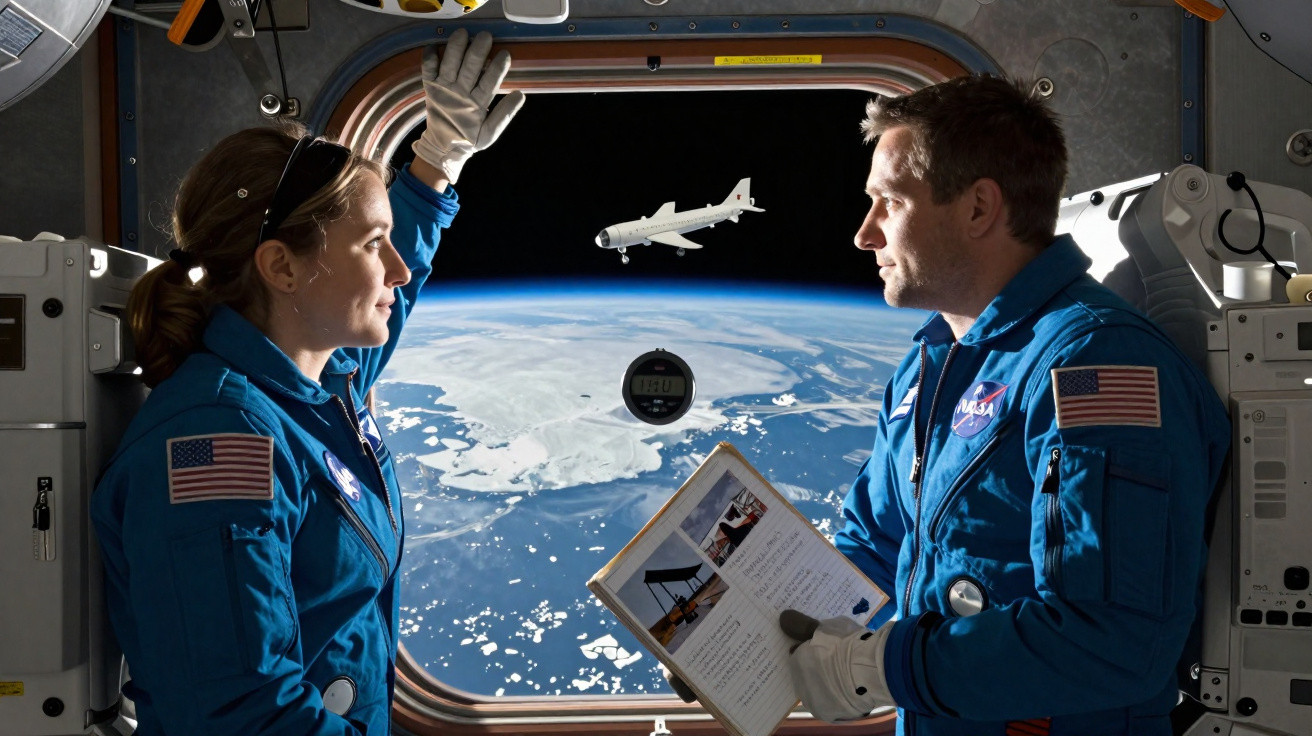 Dois astronautas da NASA em trajes espaciais azuis observando a Terra do espaço por uma janela da nave.