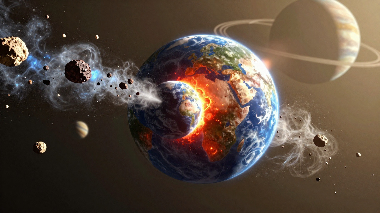 Ilustração da colisão da Lua contra a Terra com asteroides ao redor e planeta com anéis ao fundo.