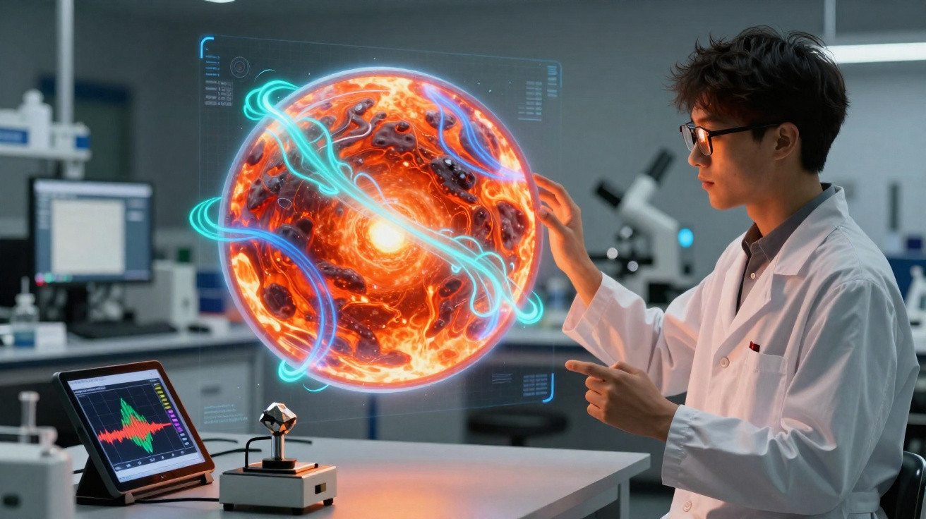 Cientista interage com modelo holográfico de esfera energética futurista em laboratório moderno.