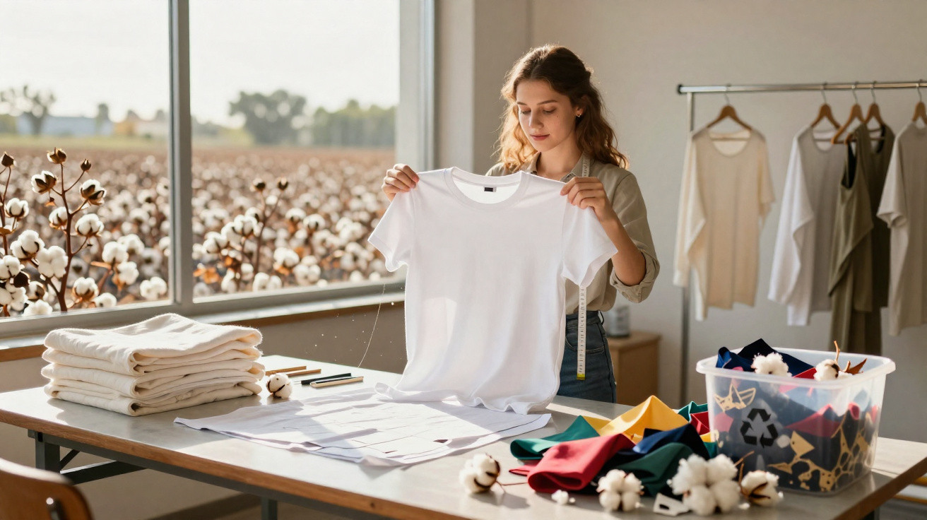 Mulher segurando camiseta branca em ateliê com mesa, tecidos coloridos e campo de algodão ao fundo.