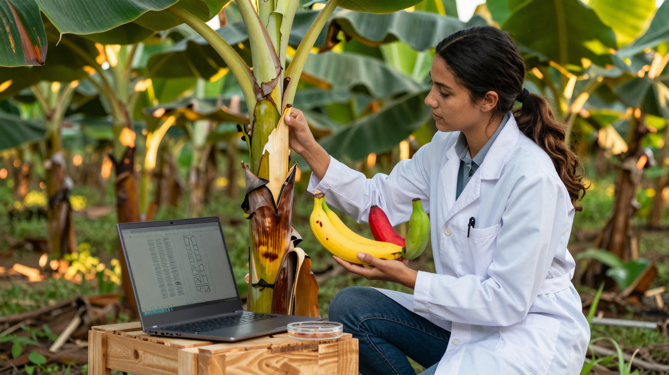 Pesquisadora com jaleco analisa cachos de banana em plantação com laptop e placa de Petri.