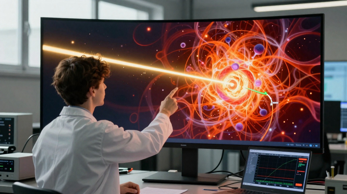 Cientista em laboratório aponta para simulação colorida de partículas e energia em grande tela curva.