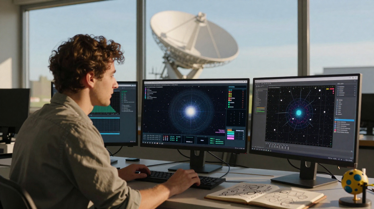 Jovem analisa dados astronômicos em três monitores, com antena parabólica ao fundo.