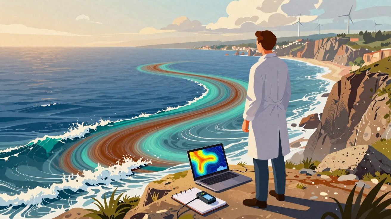 Cientista de jaleco observa praia e mar com onda colorida, cercado por equipamentos tecnológicos.