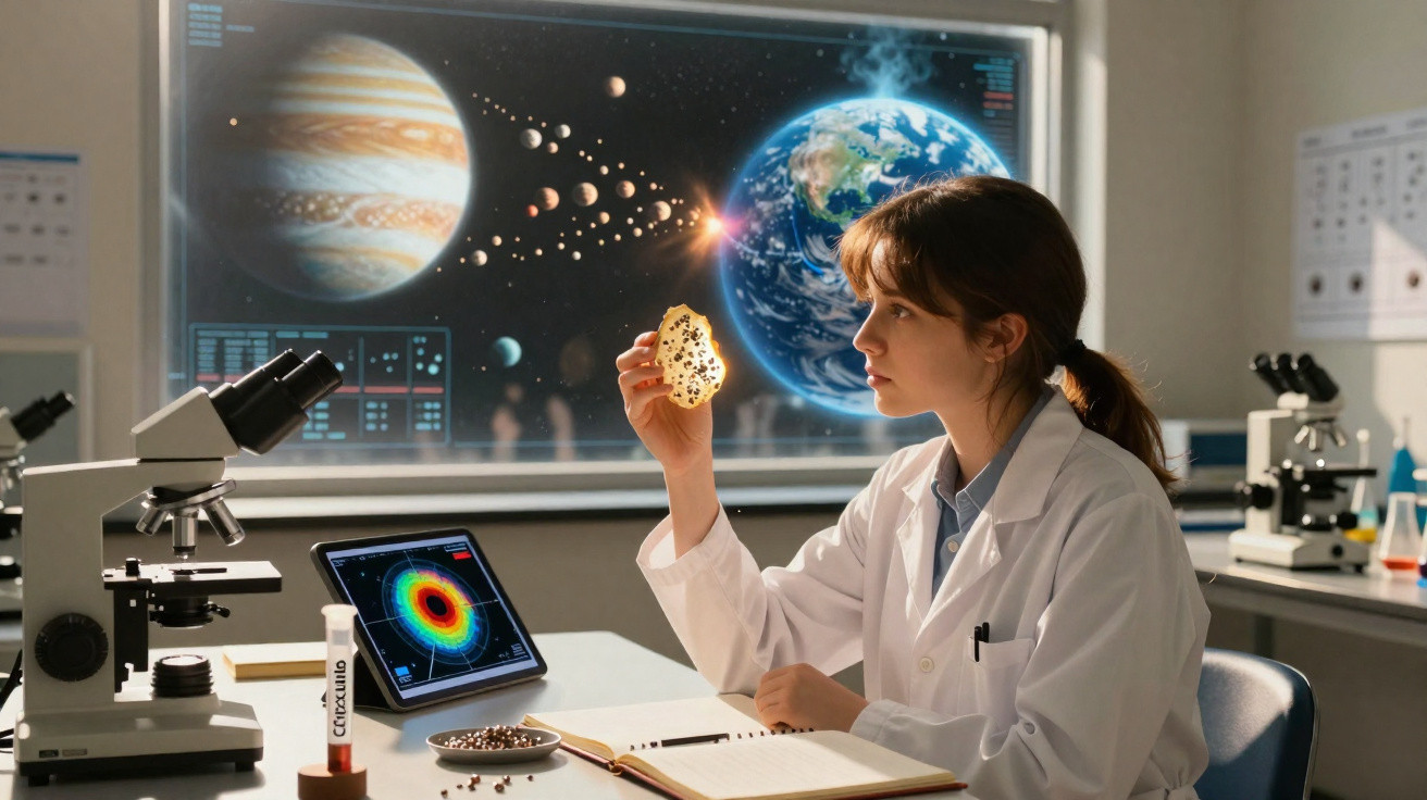 Mulher cientista em laboratório observa fatia de pão com micro-organismos, fundo com projeção do sistema solar.