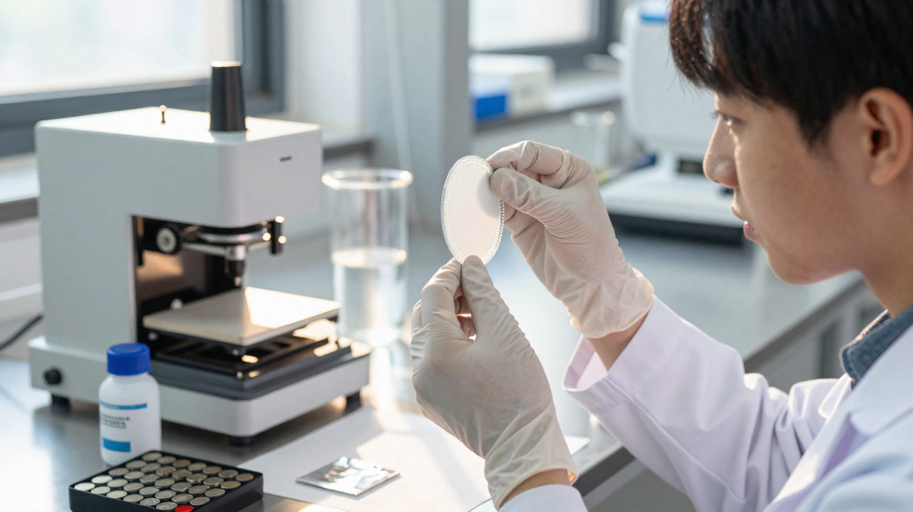 Cientista em laboratório segurando placa de Petri com luvas, analisando amostra próxima a equipamento científico.
