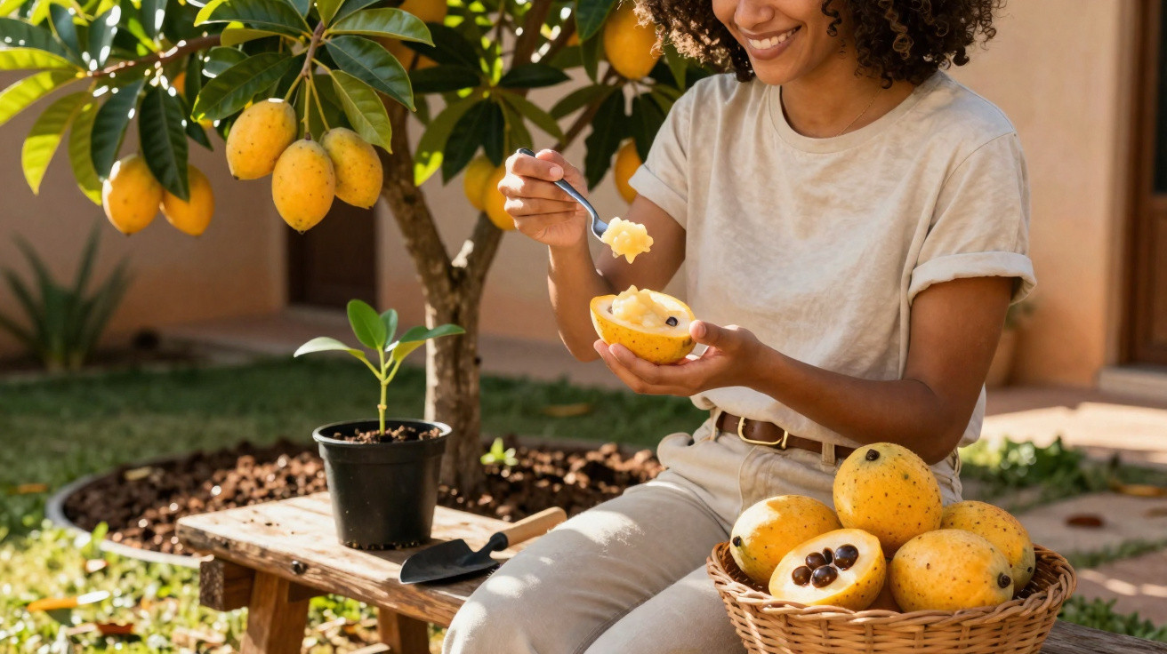 Mulher sorrindo comendo fruta fresca amarela, sentada perto de árvore frutífera e cesta com frutas.