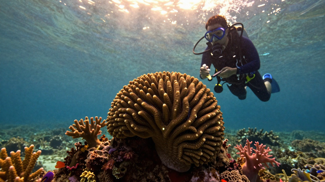 Mergulhador explorando um recife de coral colorido em águas claras e ensolaradas.