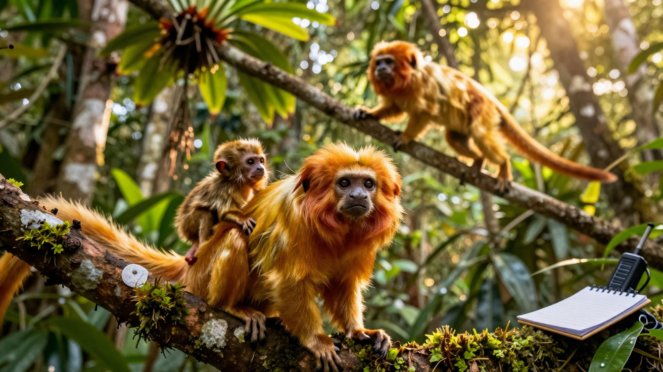 Três macacos dourados na floresta, com um bloco de notas e rádio ao lado em um galho coberto de musgo.