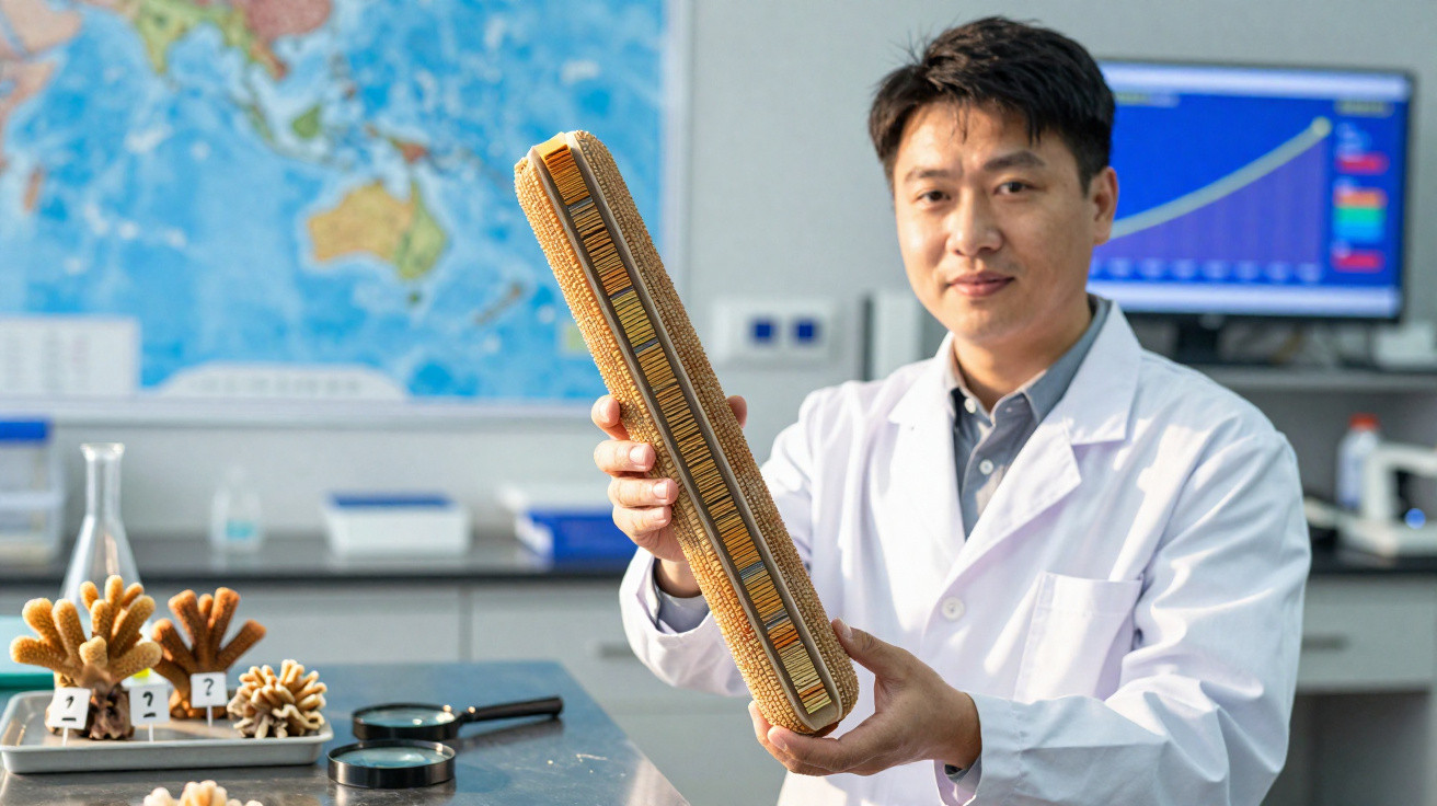 Cientista em laboratório segurando modelo grande de estrutura biológica com mapa e computador ao fundo.