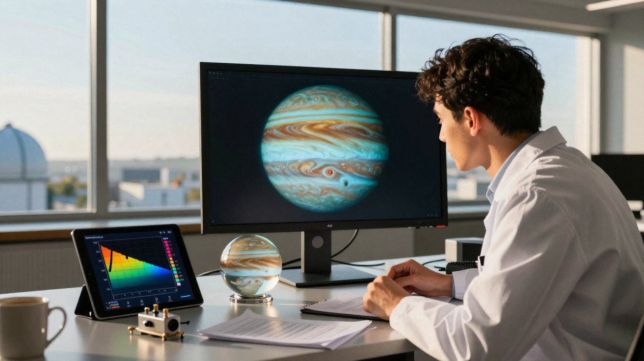 Cientista observa imagem de planeta Júpiter em monitor com modelo esférico e gráficos ao lado.