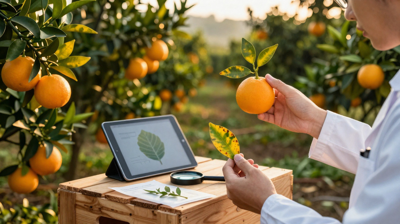 Pesquisador analisa laranja e folhas em plantação, com tablet aberto mostrando imagem de folha.