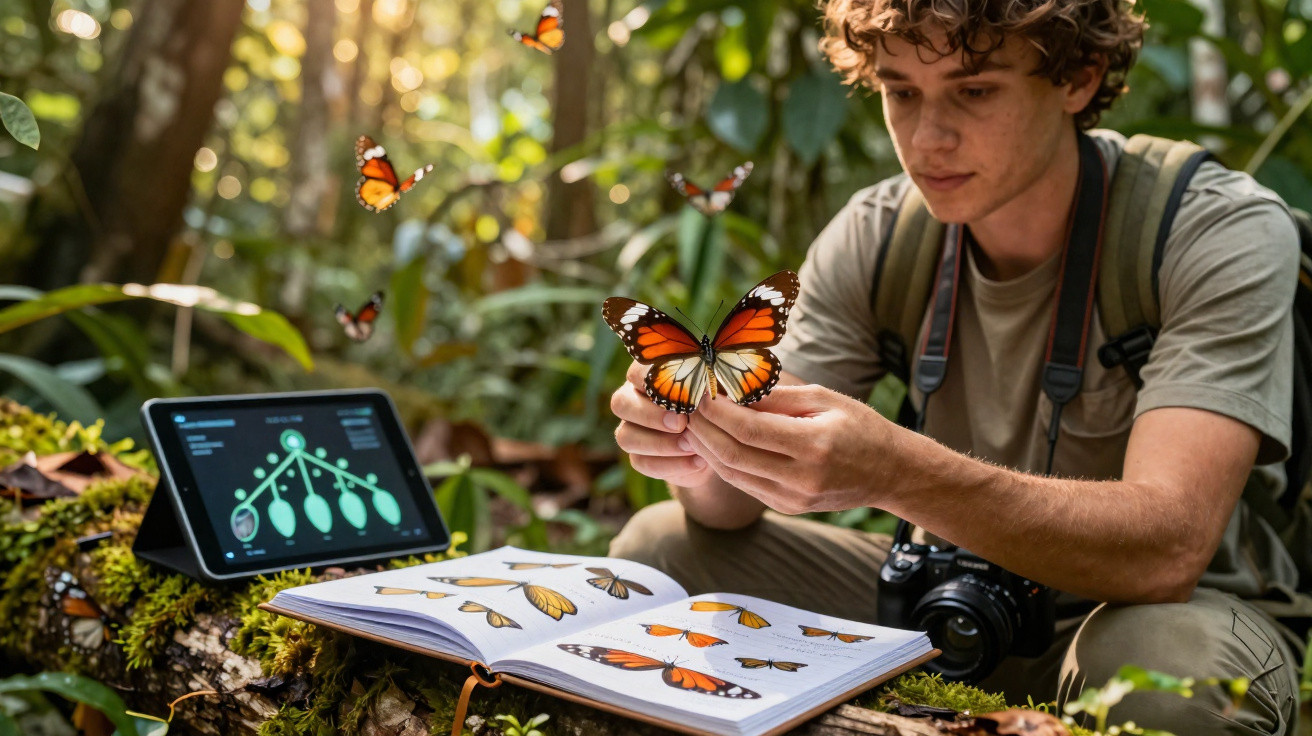 Jovem estudando borboletas na floresta com livro de ilustrações, tablet e câmera ao redor.