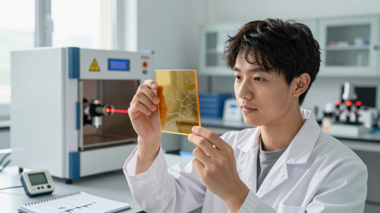 Cientista jovem segurando placa de vidro dourada com padrão em laboratório moderno.