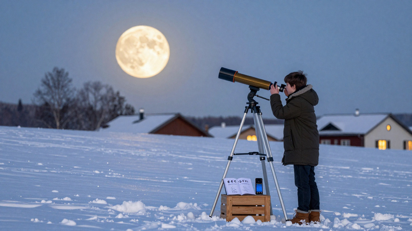 Criança observa a lua cheia com telescópio em campo coberto de neve ao anoitecer.