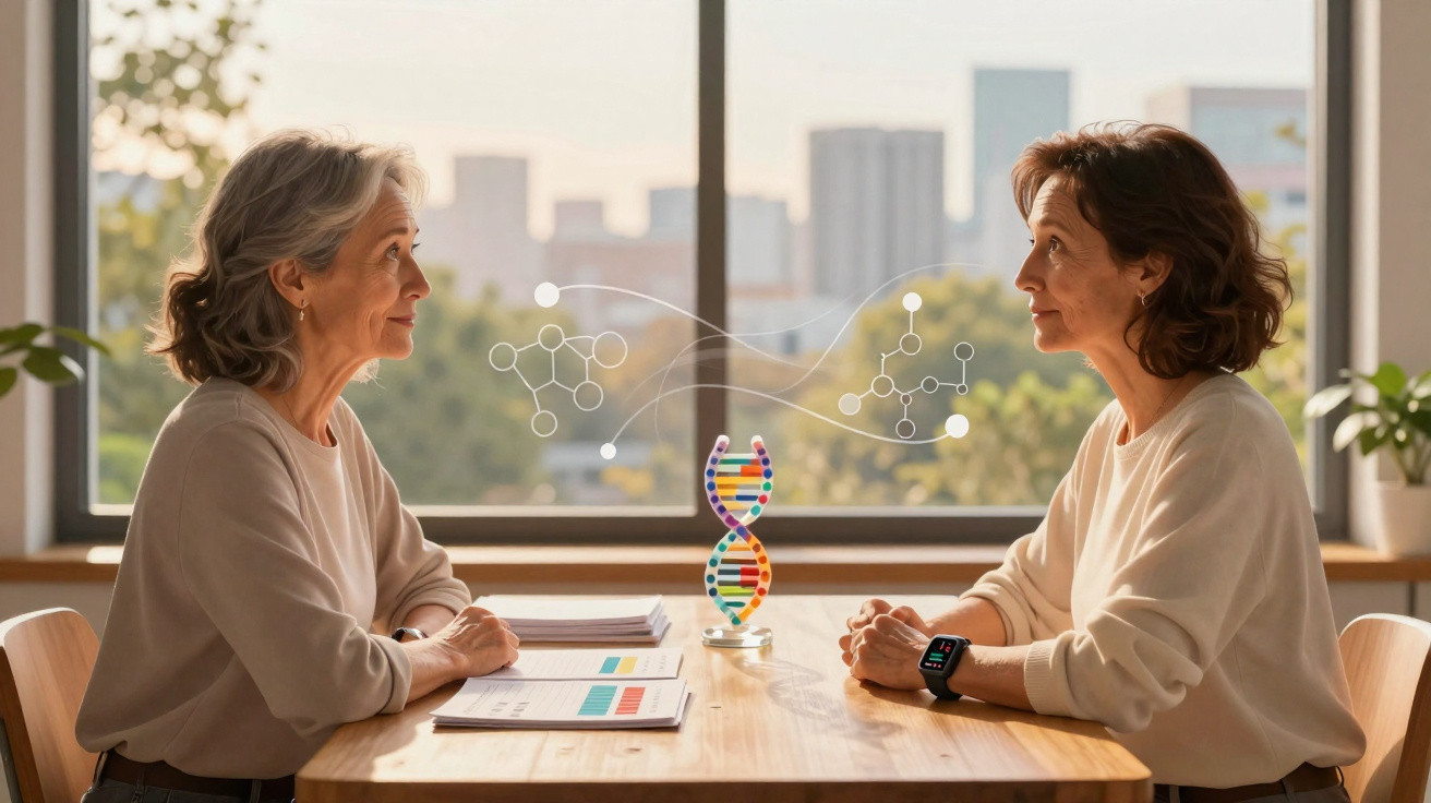 Duas mulheres conversam em uma mesa com modelo de DNA e símbolos de moléculas entre elas, ao lado de janela.
