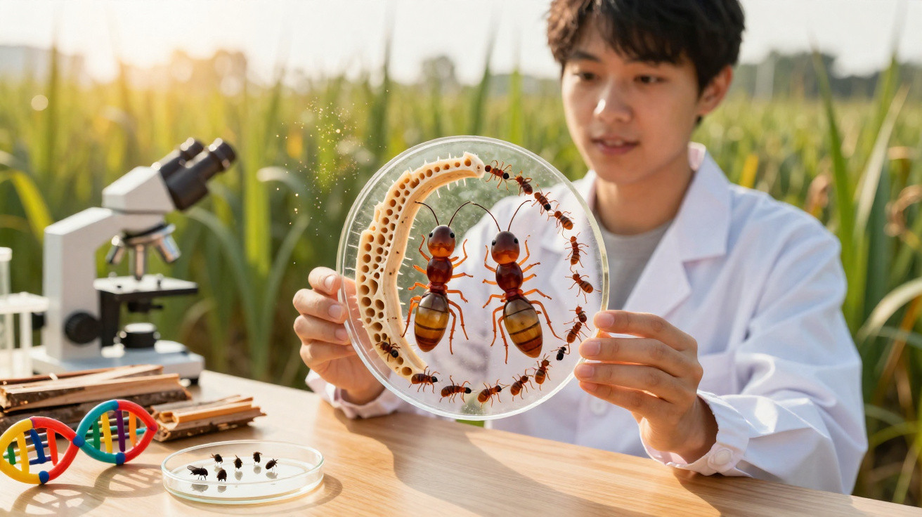 Cientista jovem segurando placa de petri com formigas gigantes e nichos, ao ar livre com microscópio e modelo DNA.