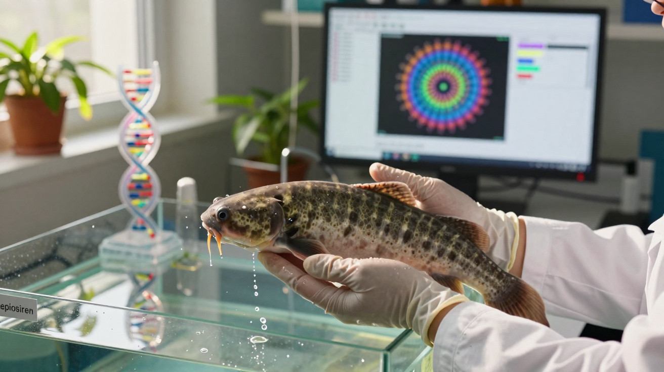 Pesquisador de luvas segurando peixe em aquário com modelo de DNA e gráficos no fundo.