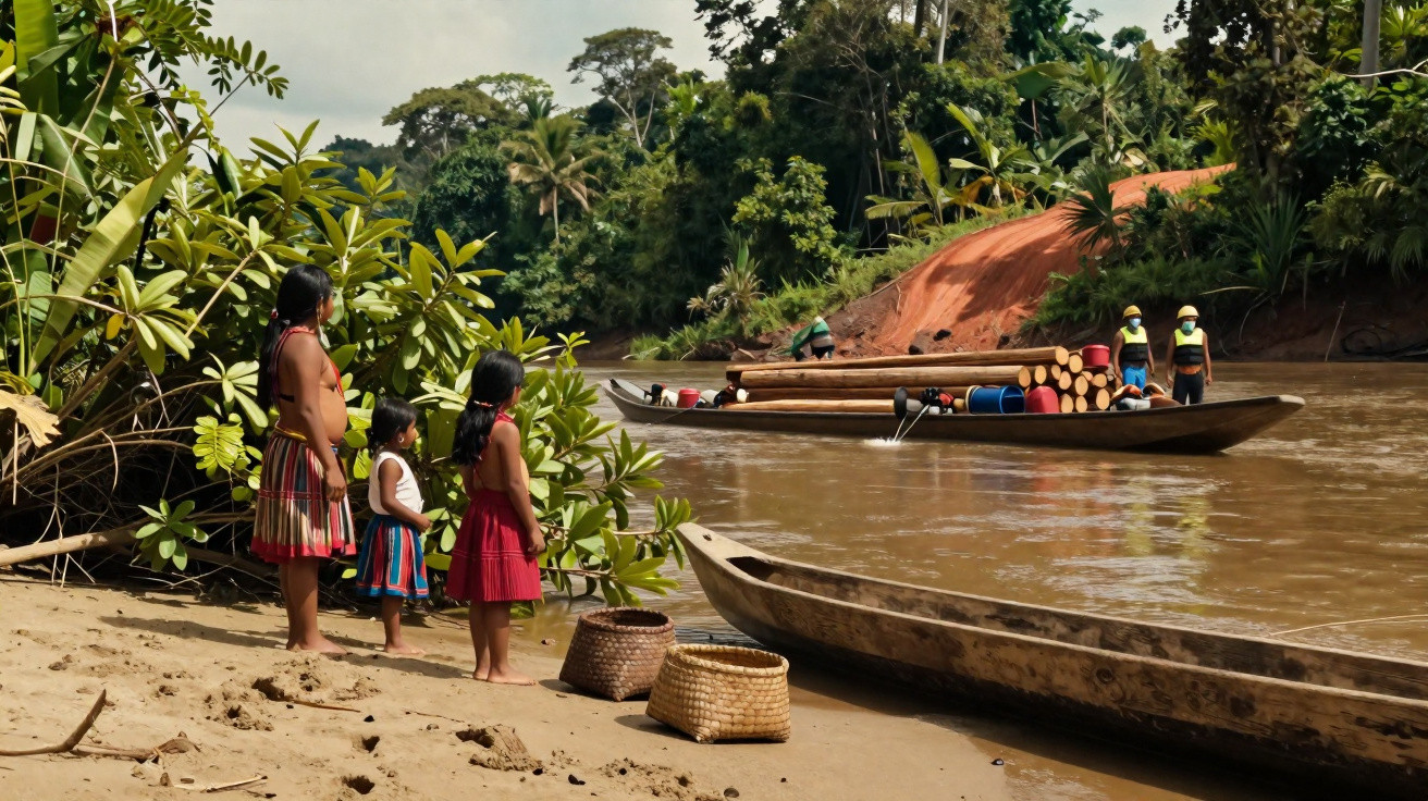 Crianças indígenas observam canoa carregada de toras e homens com capacetes em rio cercado por vegetação.