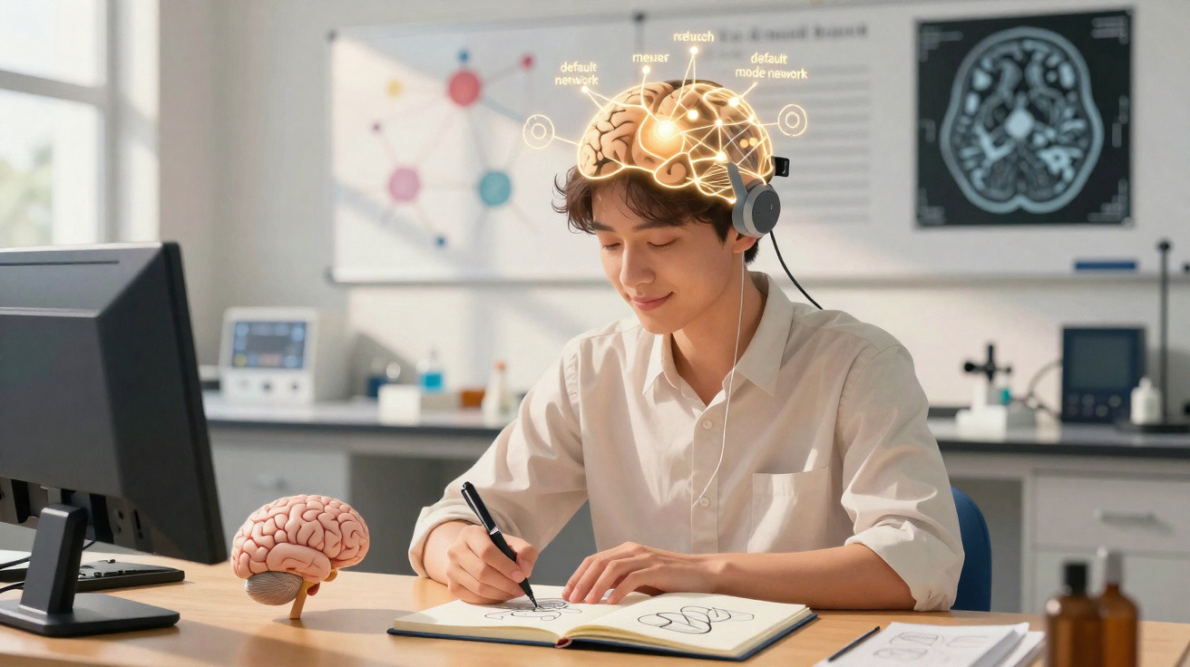 Jovem estudando neurociência com ilustração digital do cérebro e equipamentos em laboratório moderno.