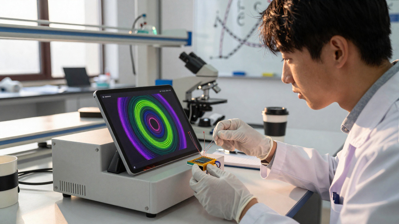 Cientista em laboratório usando luvas manipula dispositivo eletrônico com imagem colorida em tablet à frente.