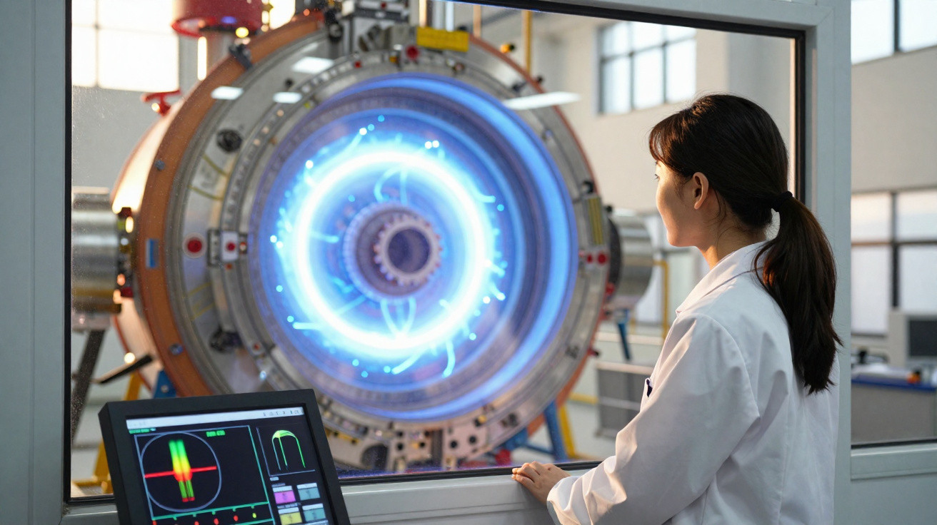 Mulher cientista observando reator de fusão nuclear com computador exibindo dados ao lado.