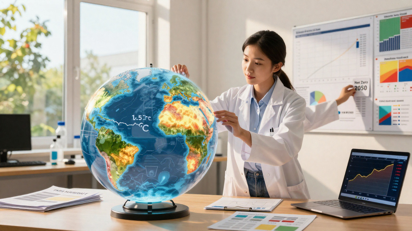 Mulher cientista analisa globo terrestre digital sobre mudanças climáticas em escritório moderno.