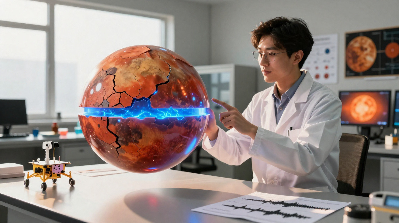 Cientista em laboratório interagindo com modelo digital flutuante de planeta vermelho rachado.