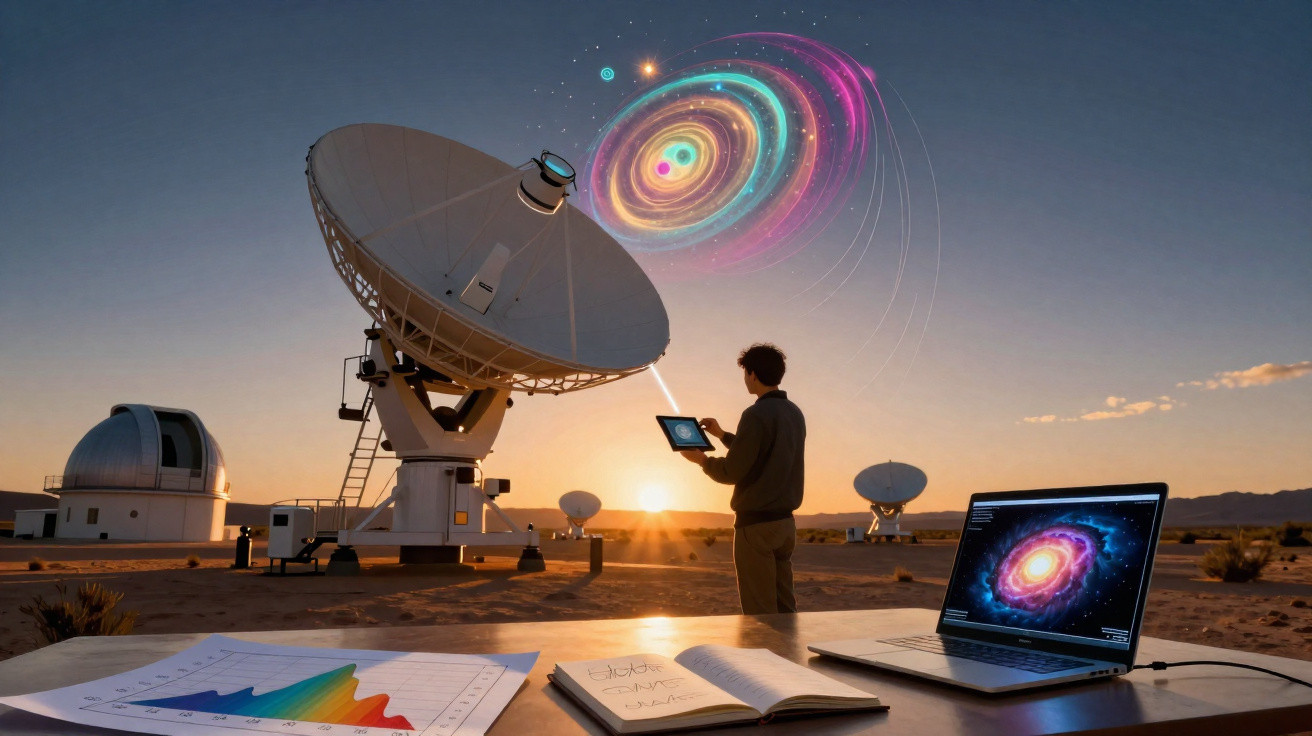 Pessoa usando tablet diante de antena parabólica em observatório com gráficos e laptop exibindo galáxia ao pôr do sol.