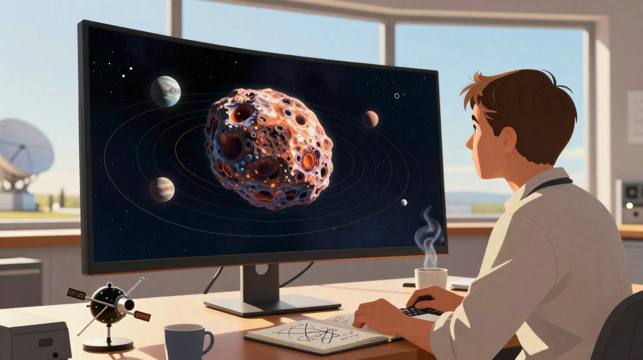 Homem observa um grande asteroide em uma tela de computador em escritório com vista para antena parabólica.