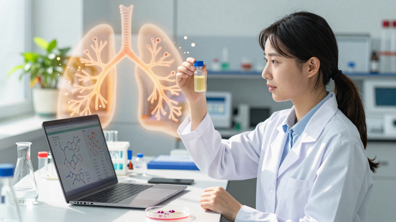 Pesquisadora em laboratório analisando amostra, com imagem ilustrativa de pulmões ao fundo.