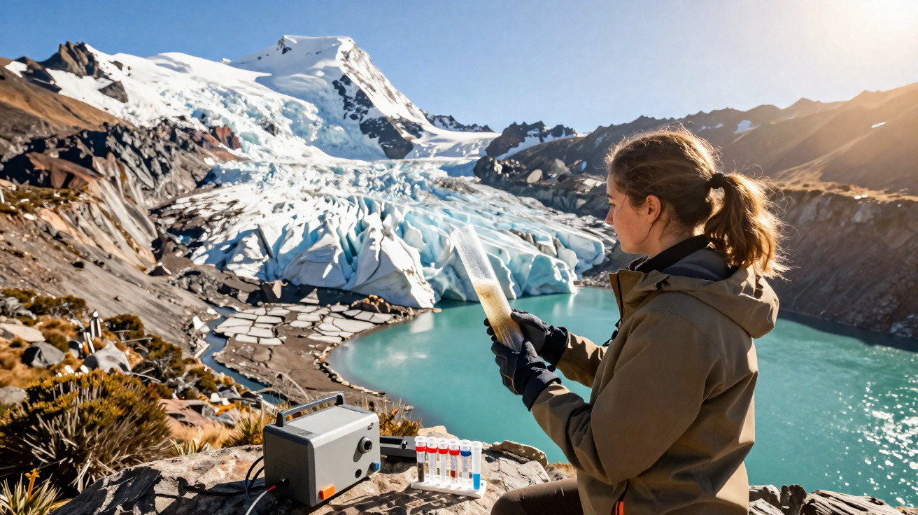 Mulher realizando pesquisa científica em lago glaciar, com montanhas e gelo ao fundo, em dia ensolarado.