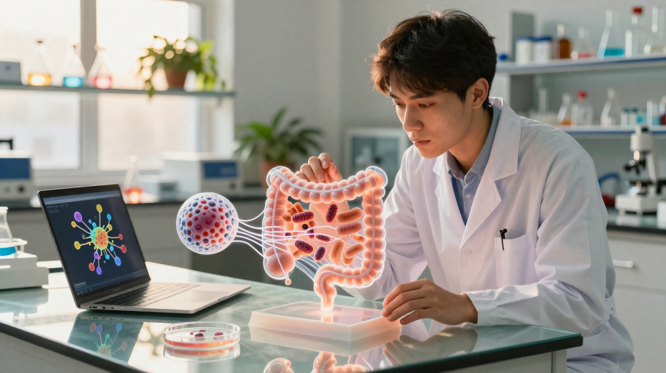 Cientista em laboratório analisando modelo tridimensional do intestino com bactérias e vírus.