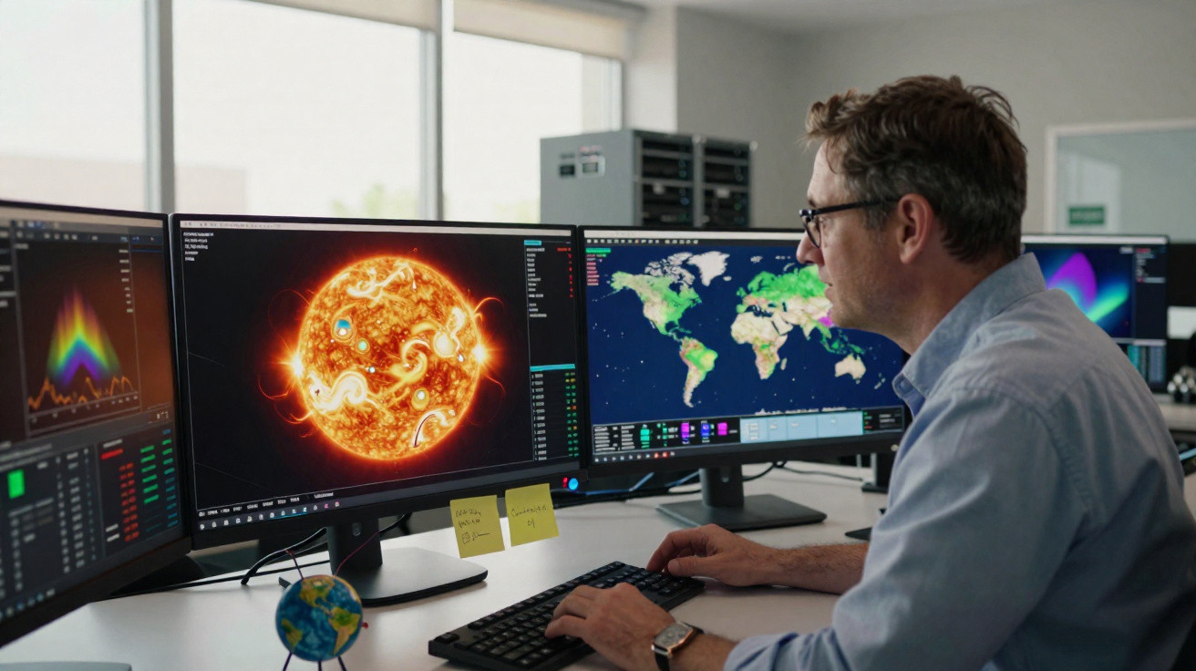 Homem analisando dados em múltiplos monitores com imagens do sol, gráficos e mapa-múndi.