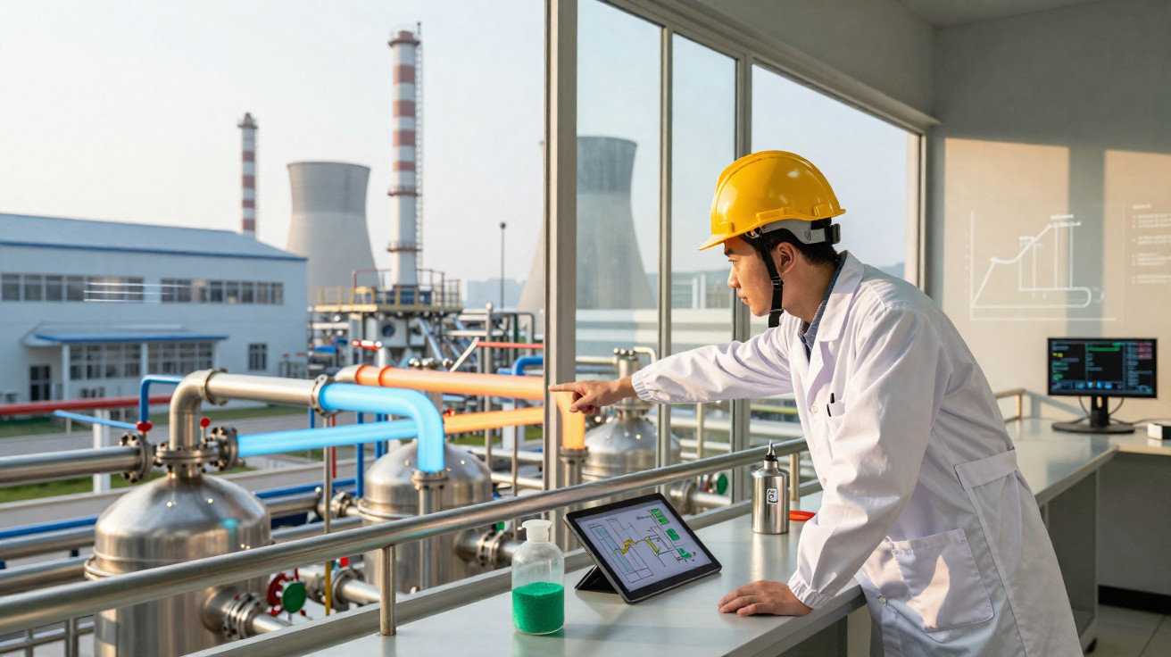 Engenheiro com capacete amarelo monitora fábrica química com tablet e equipamentos industriais ao fundo.